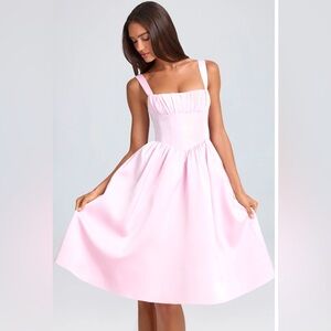 Oh Polly pink satin corset midi dress